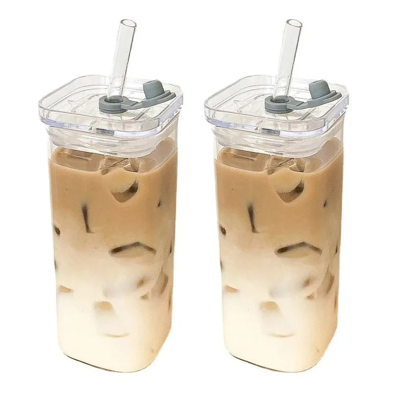 Premium Square Heat-Resistant Glass Cup for Coffee and Juice with Lid and Straw - 1 Piece