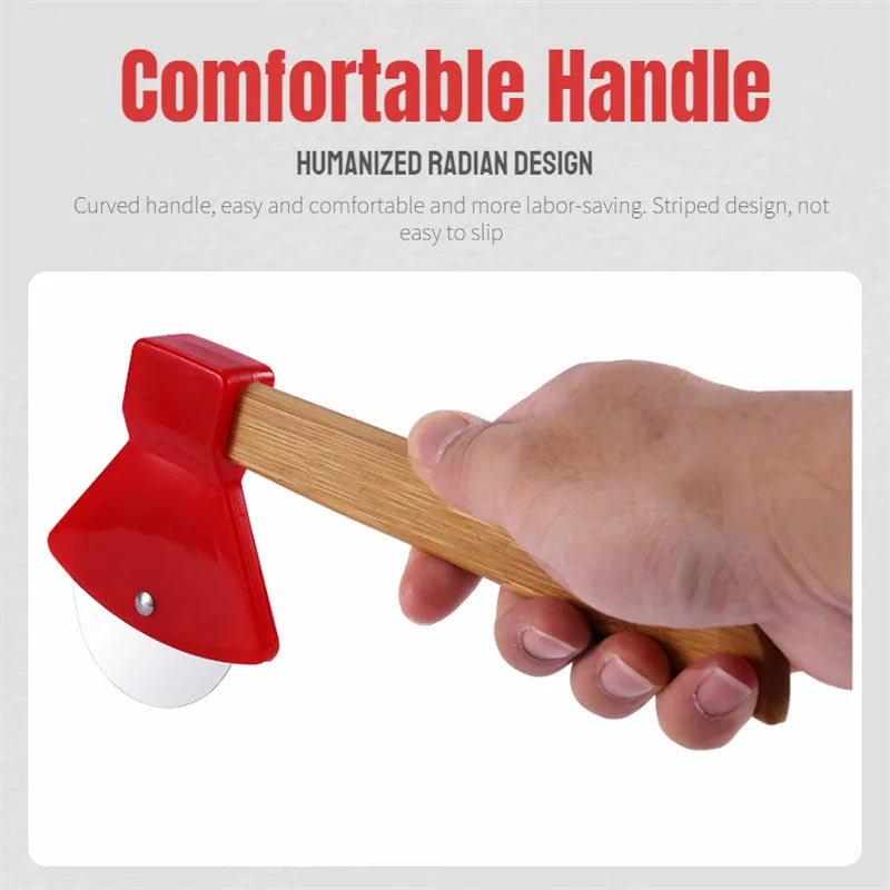 Stainless Steel Axe-Shaped Pizza Cutter with Bamboo Handles and Sharp Rotating Blades
