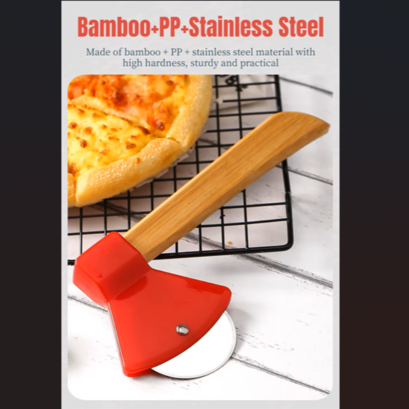 Stainless Steel Axe-Shaped Pizza Cutter with Bamboo Handles and Sharp Rotating Blades