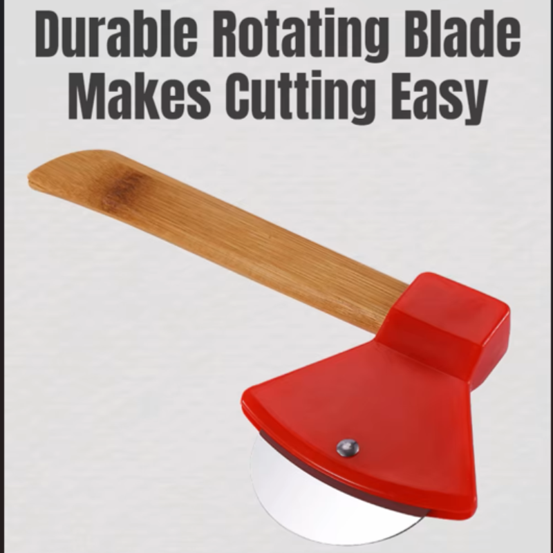 Stainless Steel Axe-Shaped Pizza Cutter with Bamboo Handles and Sharp Rotating Blades