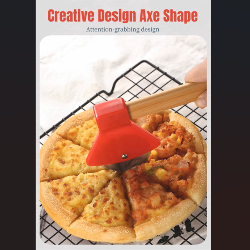 Stainless Steel Axe-Shaped Pizza Cutter with Bamboo Handles and Sharp Rotating Blades