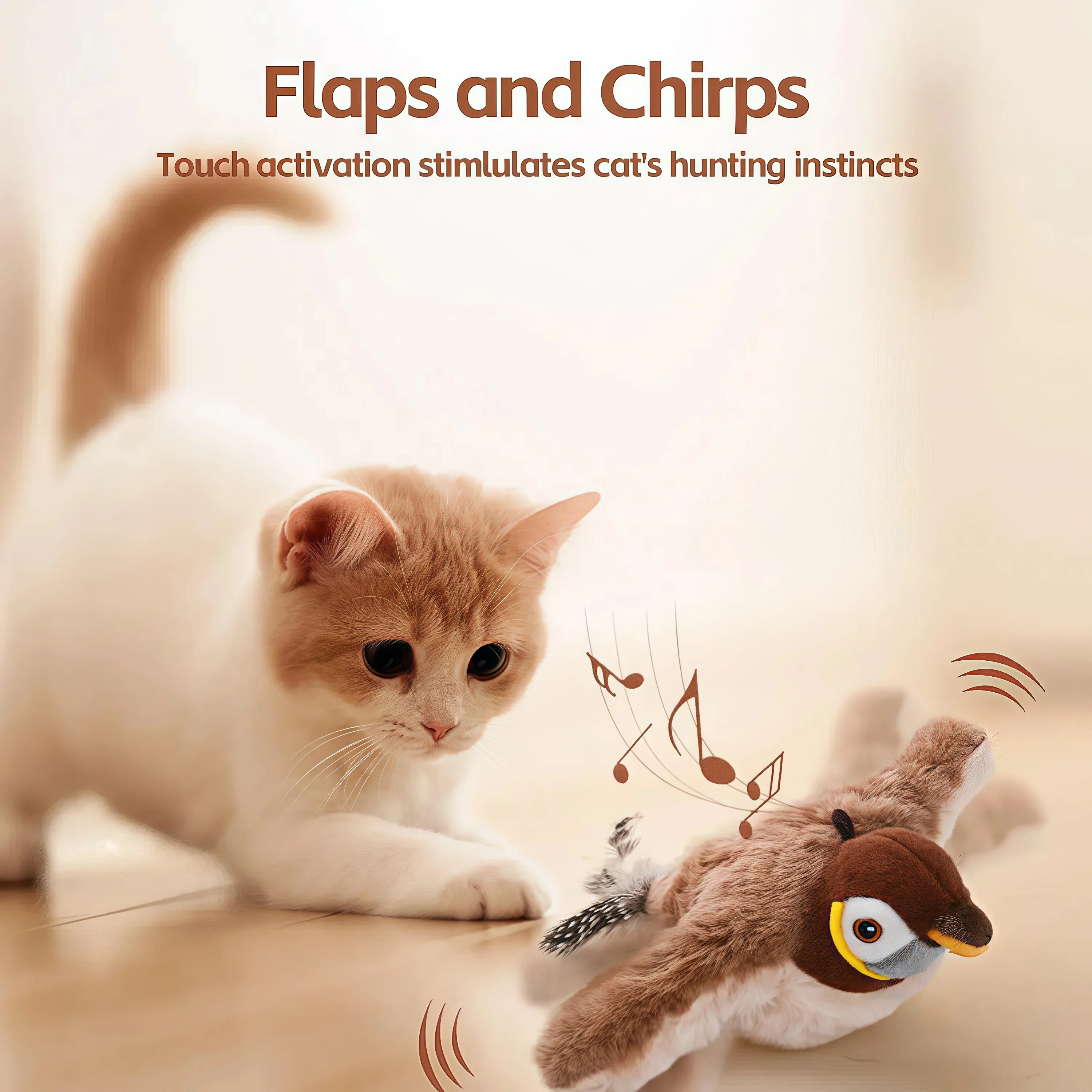 Interactive Rechargeable Cat Toy: Touch-Activated Plush Chirping Flapping Bird with Catnip (No Flying)