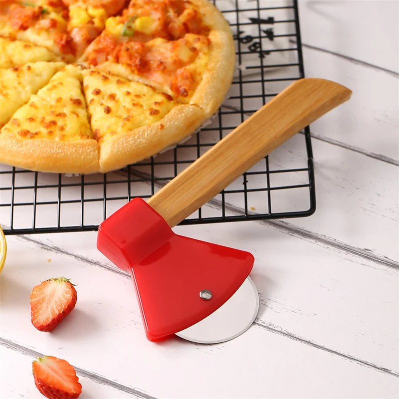 Stainless Steel Axe-Shaped Pizza Cutter with Bamboo Handles and Sharp Rotating Blades