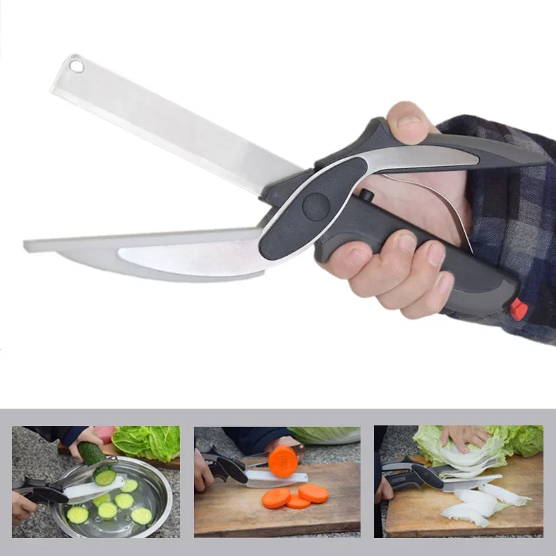 2-in-1 Stainless Steel Kitchen Scissors with Chopping Board - Multifunctional Tool for Fruits and Vegetables