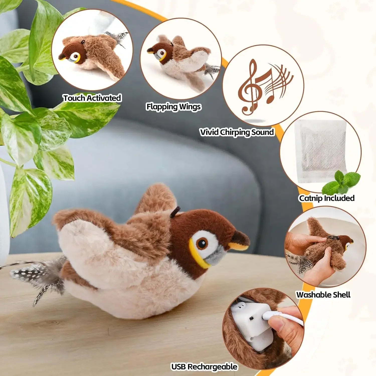 Interactive Rechargeable Cat Toy: Touch-Activated Plush Chirping Flapping Bird with Catnip (No Flying)