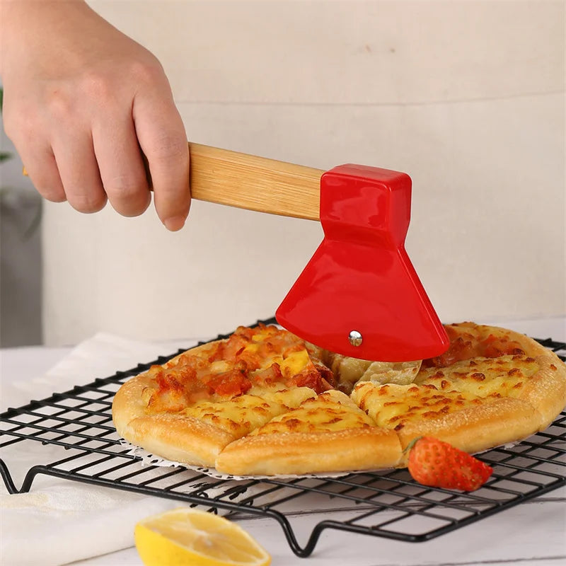 Stainless Steel Axe-Shaped Pizza Cutter with Bamboo Handles and Sharp Rotating Blades