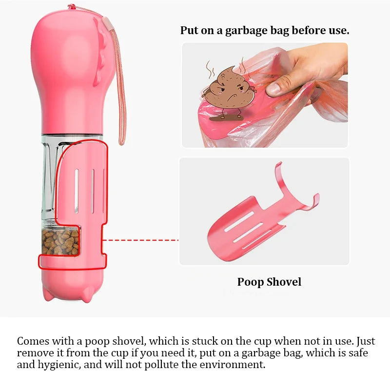 4-in-1 Portable Dog Water and Food Dispenser with Outdoor Poop Shovel and Waste Bags