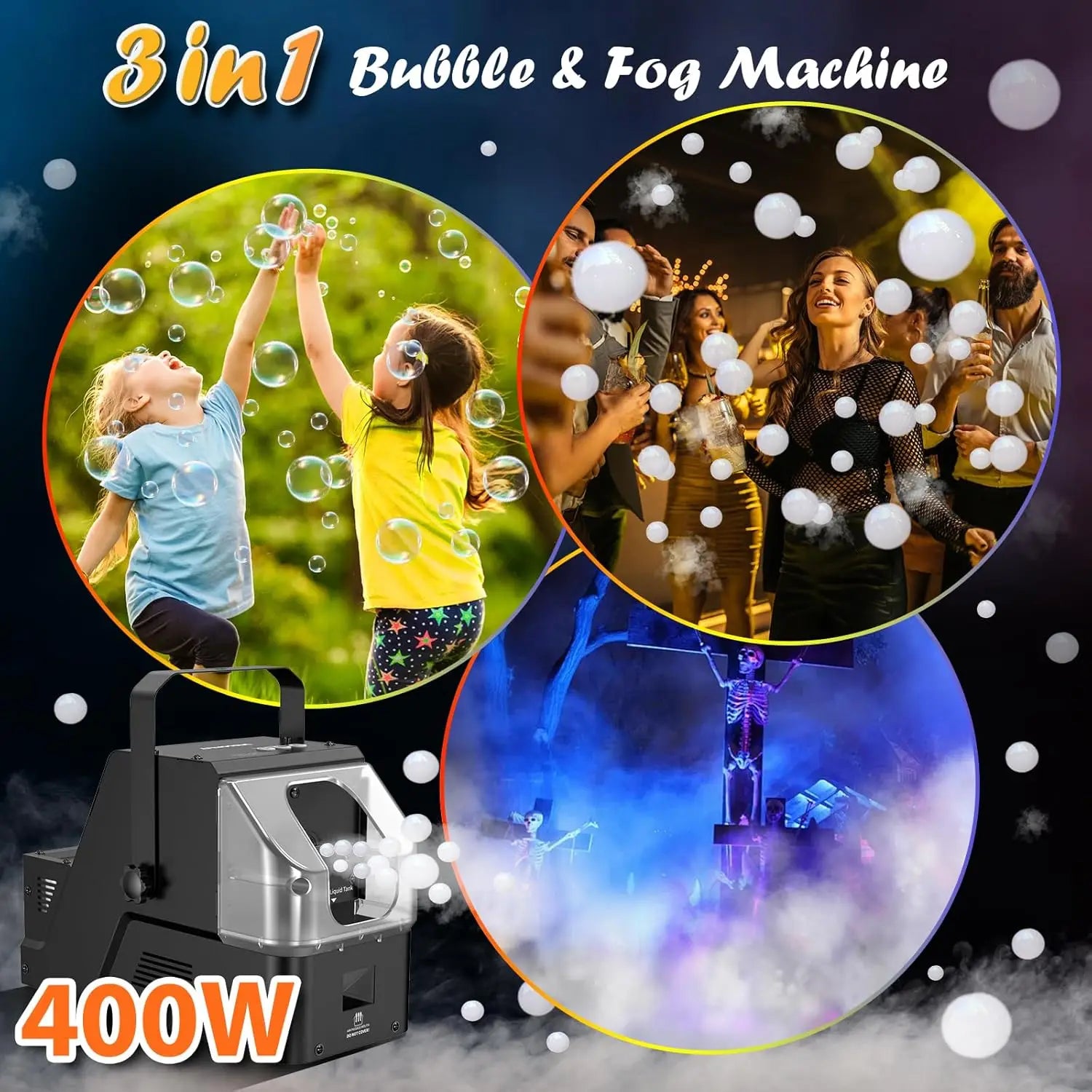 400W 3-in-1 Bubble Fog Smoke Machine with Wireless Remote - Perfect for Spooky Mist and Bubbles