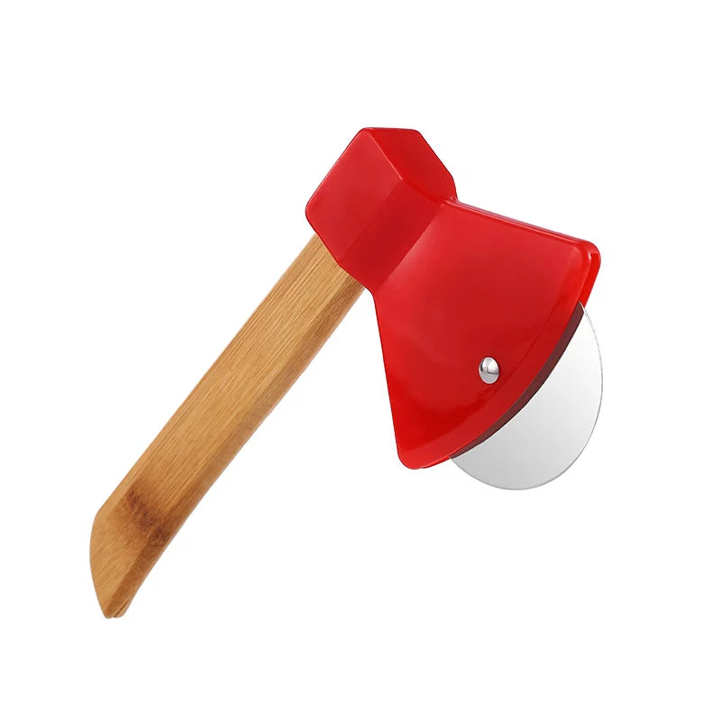 Stainless Steel Axe-Shaped Pizza Cutter with Bamboo Handles and Sharp Rotating Blades