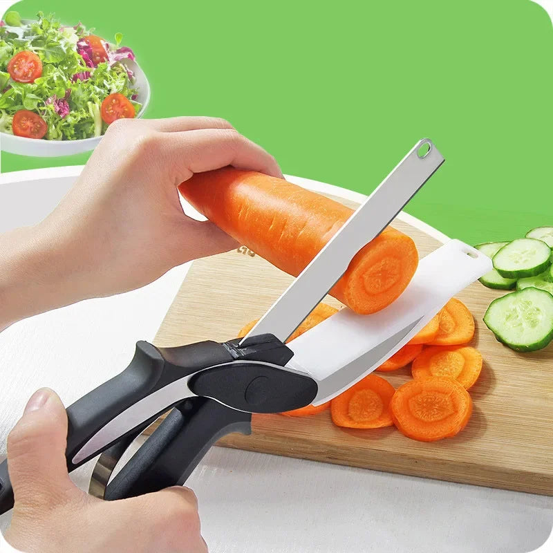 2-in-1 Stainless Steel Kitchen Scissors with Chopping Board - Multifunctional Tool for Fruits and Vegetables
