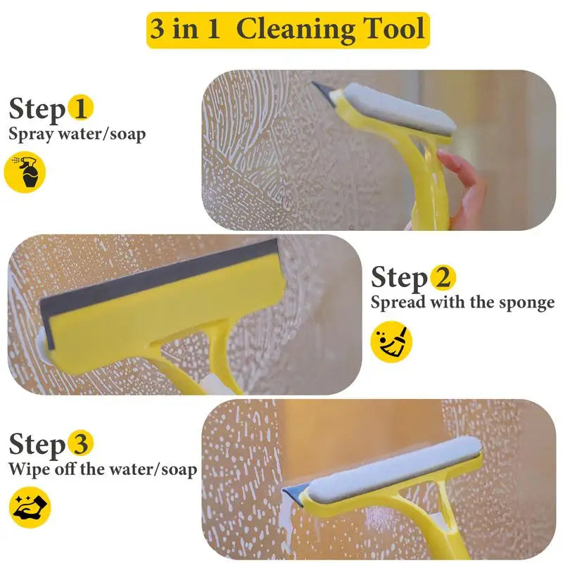 Multifunctional 3-in-1 Window Cleaning Tool: Scraper, Squeegee, and Scrubber with Spray