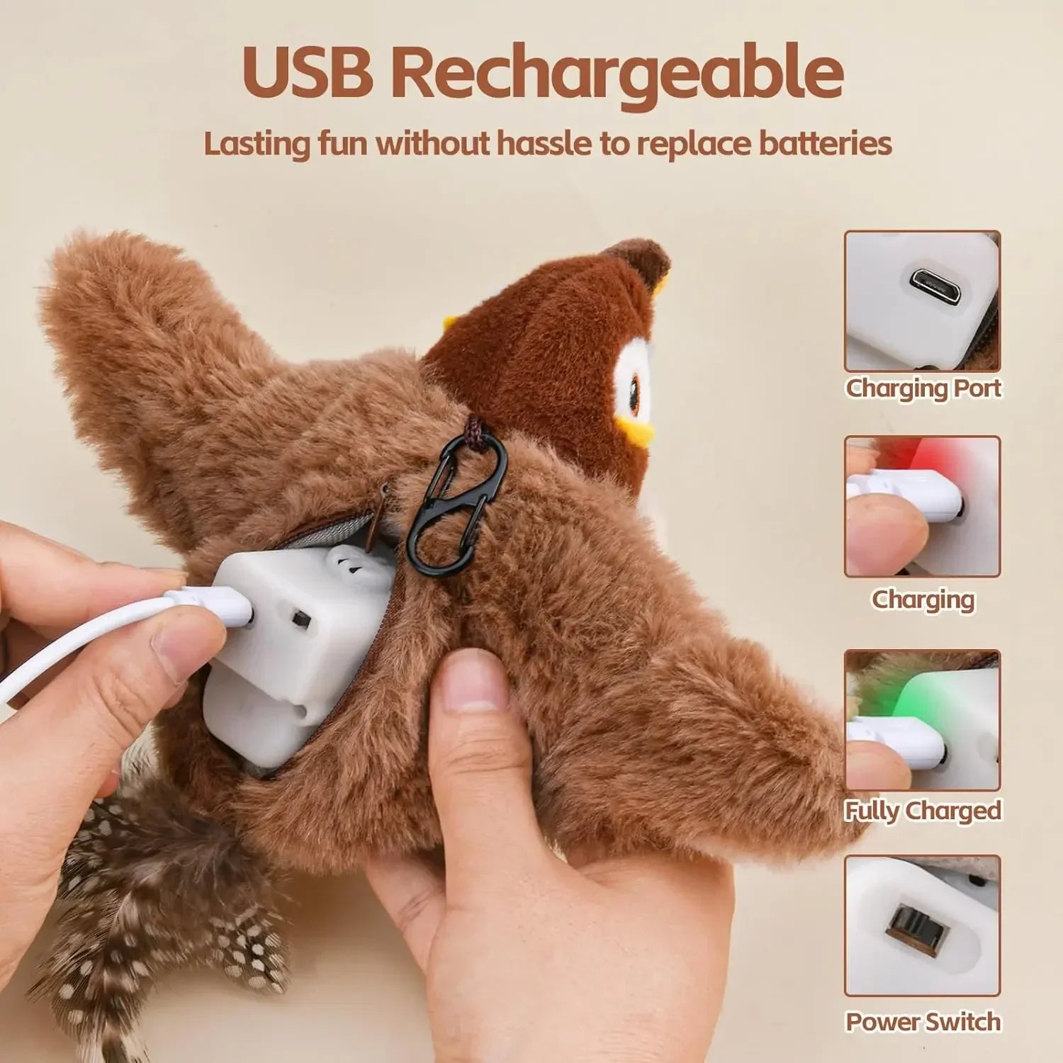 Interactive Rechargeable Cat Toy: Touch-Activated Plush Chirping Flapping Bird with Catnip (No Flying)