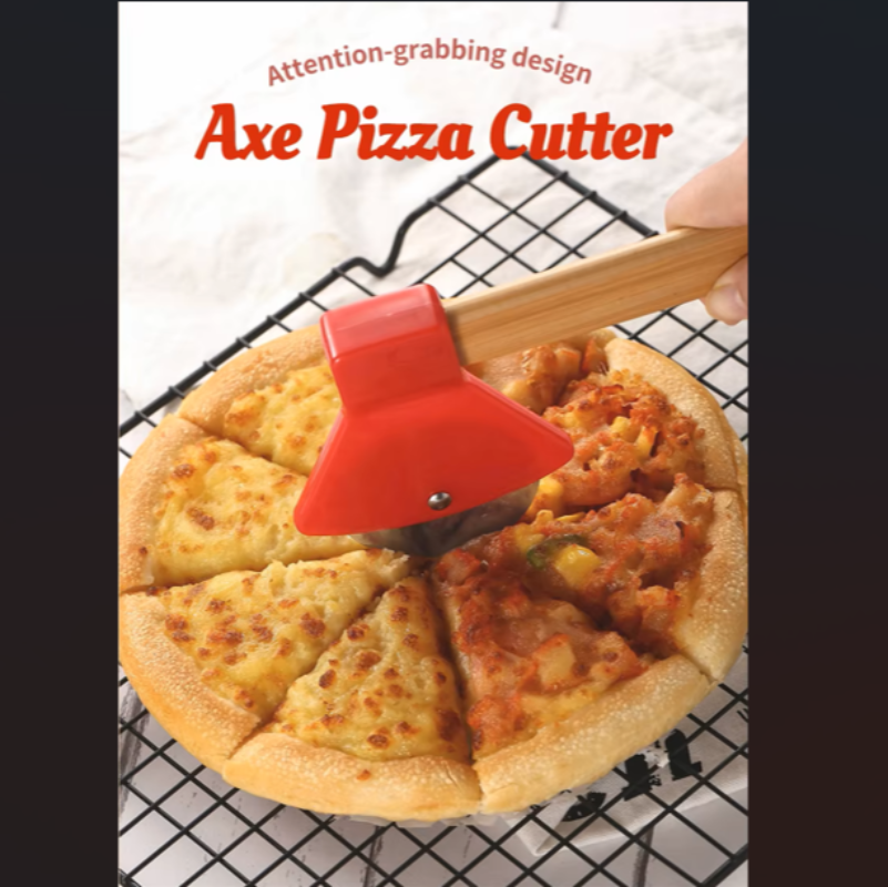 Stainless Steel Axe-Shaped Pizza Cutter with Bamboo Handles and Sharp Rotating Blades